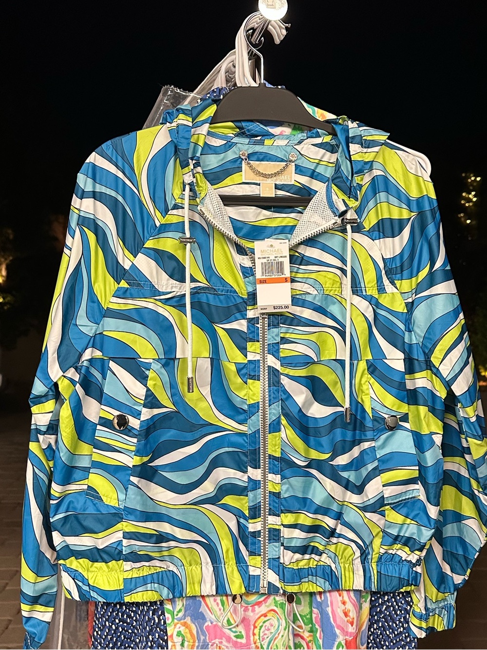 MICHAEL Michael Kors Blue, Lime & White Wave Print Hooded Windbreaker